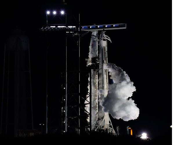 A multinational crew blasts off from Florida, heading for the International Space Station