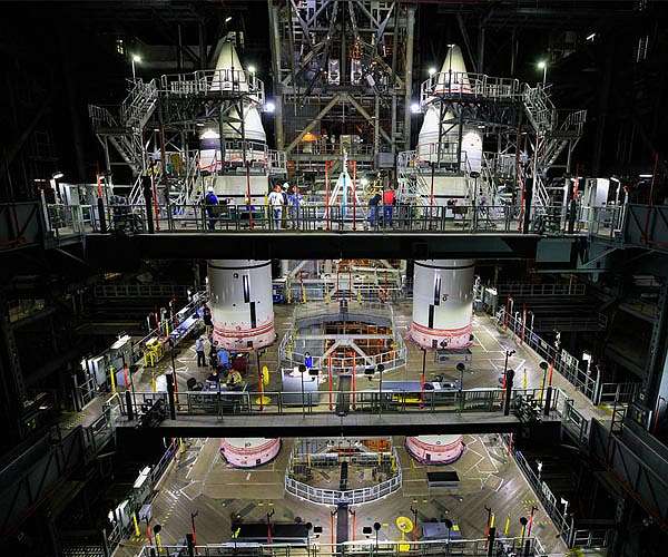 Stacking complete for twin Space Launch System rocket boosters
